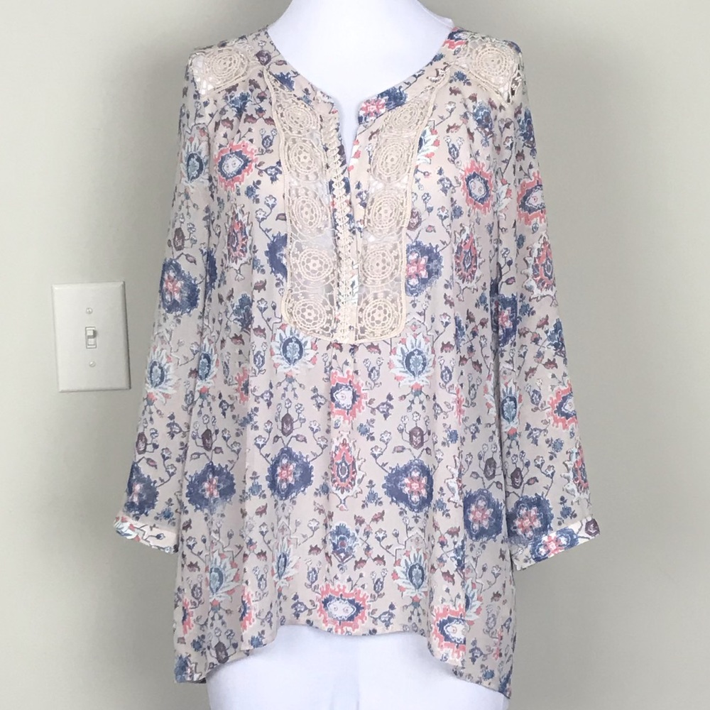 Anthropologie Cream Floral Lace-Trim Blouse with Blue and Pink Accents
